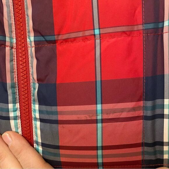 Lands End quilted puffer red blue plaid down filled winter vest girls M 10/12 - Picture 13 of 14